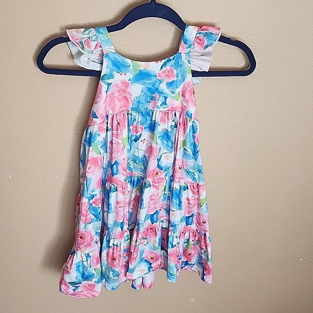 Pink Blue floral Ruffle Strap Tank Tiered Dress Girls Size 110